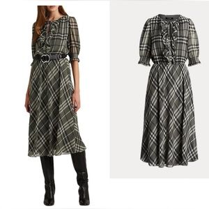 NWT Lauren Ralph Lauren women's plaid crinkle georgette tie-neck dress Size 14